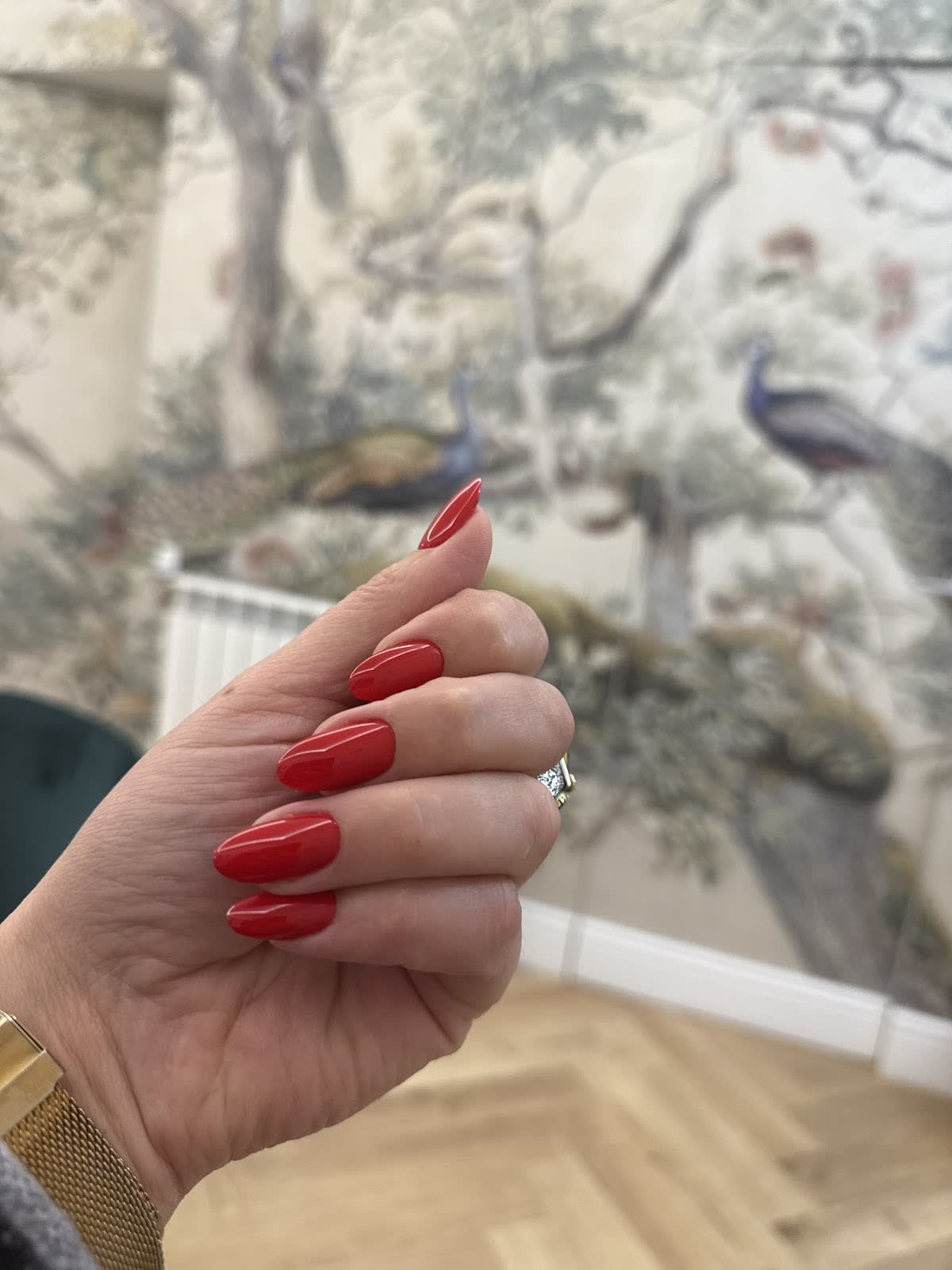 Unghii migdală roșu clasic pe fundal de tapet cu păuni